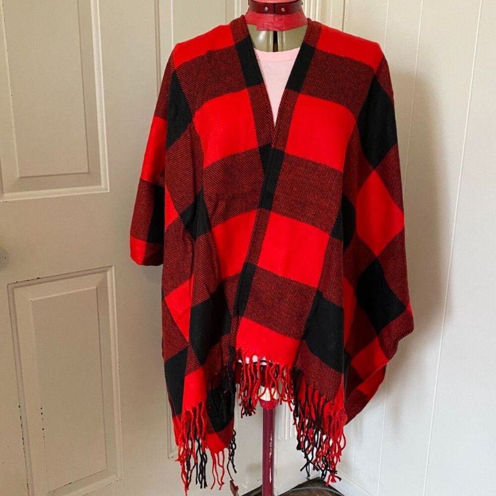 Red and Black Buffalo Check Open front Cape One Size
